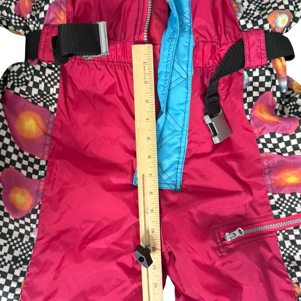 Vintage 90s Blue Pink Checkerboard Hooded Ski Suit One Piece Size S *GOOD* - Picture 5 of 16